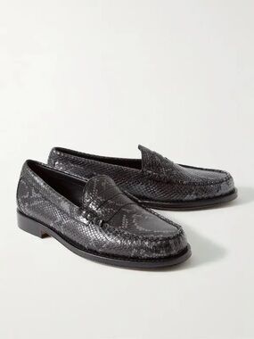 Black Snake-Embossed Leather Penny Loafers
